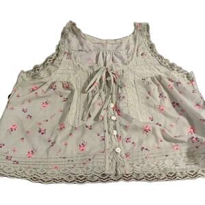 Unbranded Green Floral Cami Top Lace Accents Sz. Med. Cottage Fairy